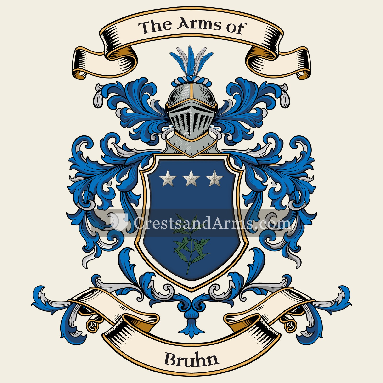 The Bruhn coat of arms, drawn from the recorded blazon