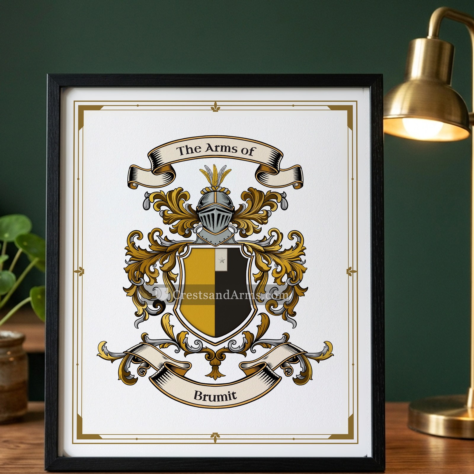 The Brumit arms on the framed, black wood