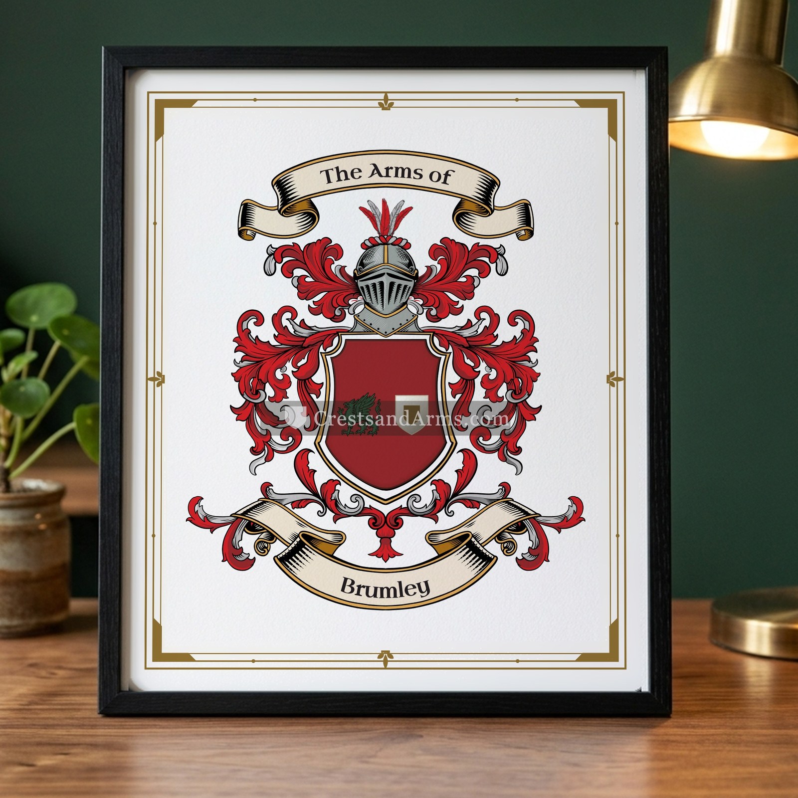 The Brumley arms on the framed, black wood
