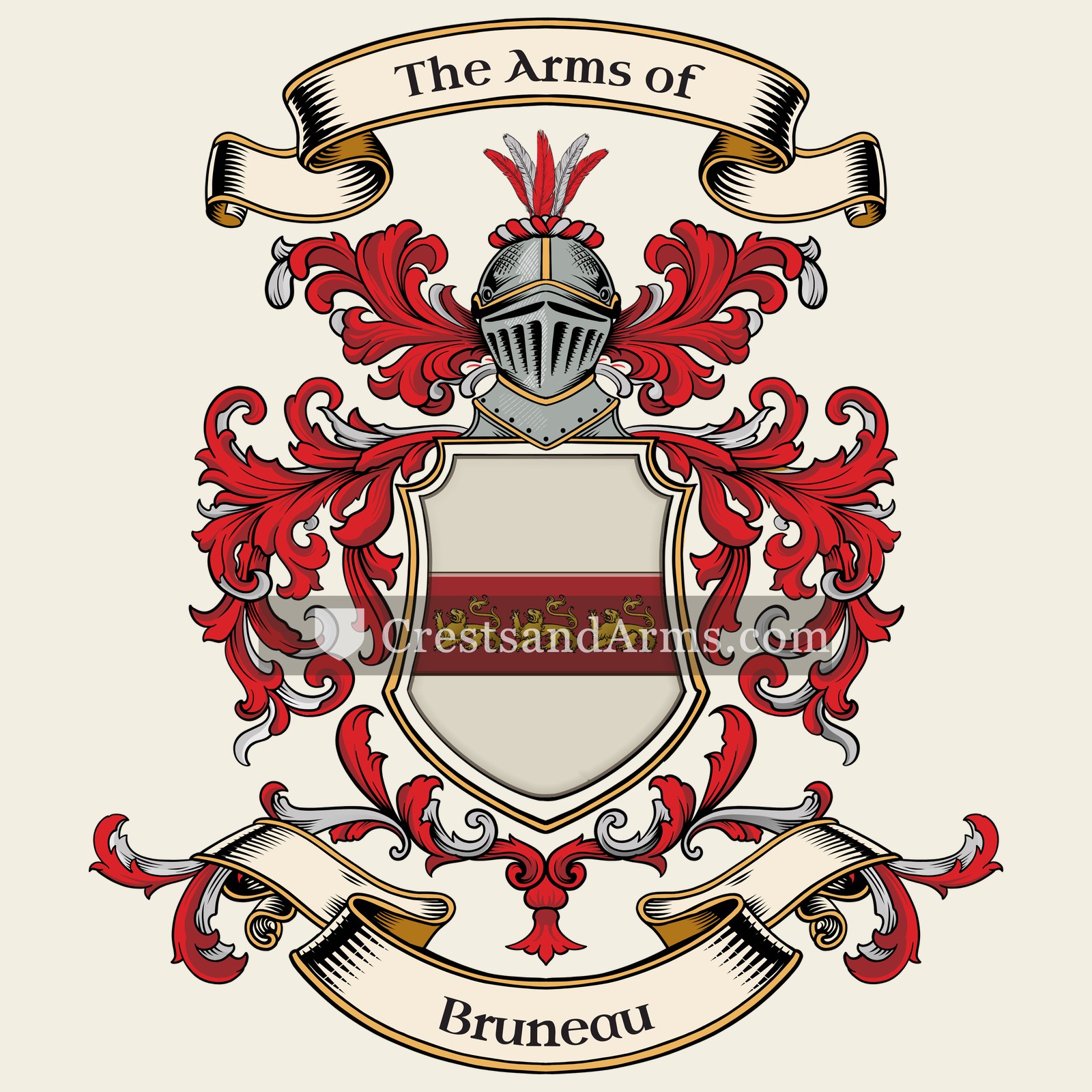 The Bruneau coat of arms, drawn from the recorded blazon