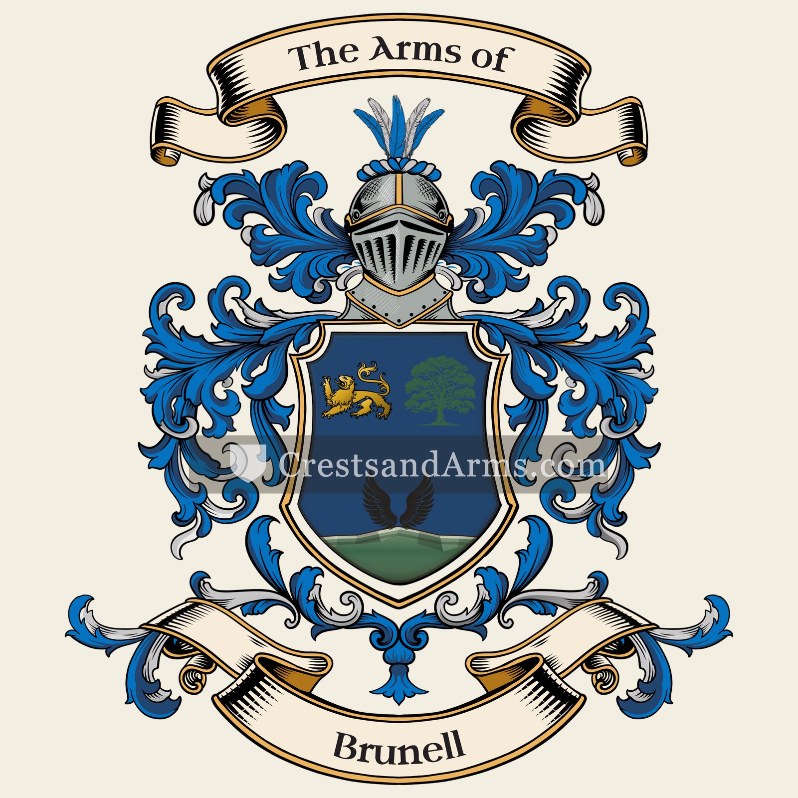 The Brunell coat of arms, drawn from the recorded blazon
