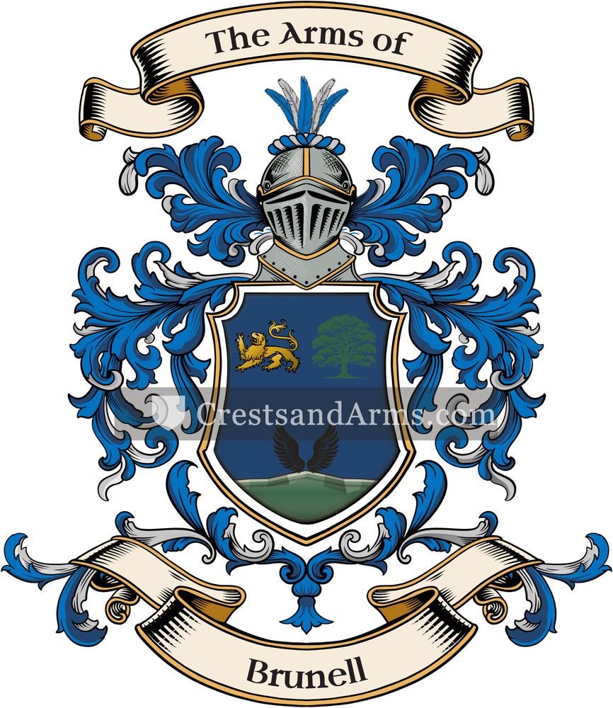 The Brunell coat of arms, drawn from the recorded blazon
