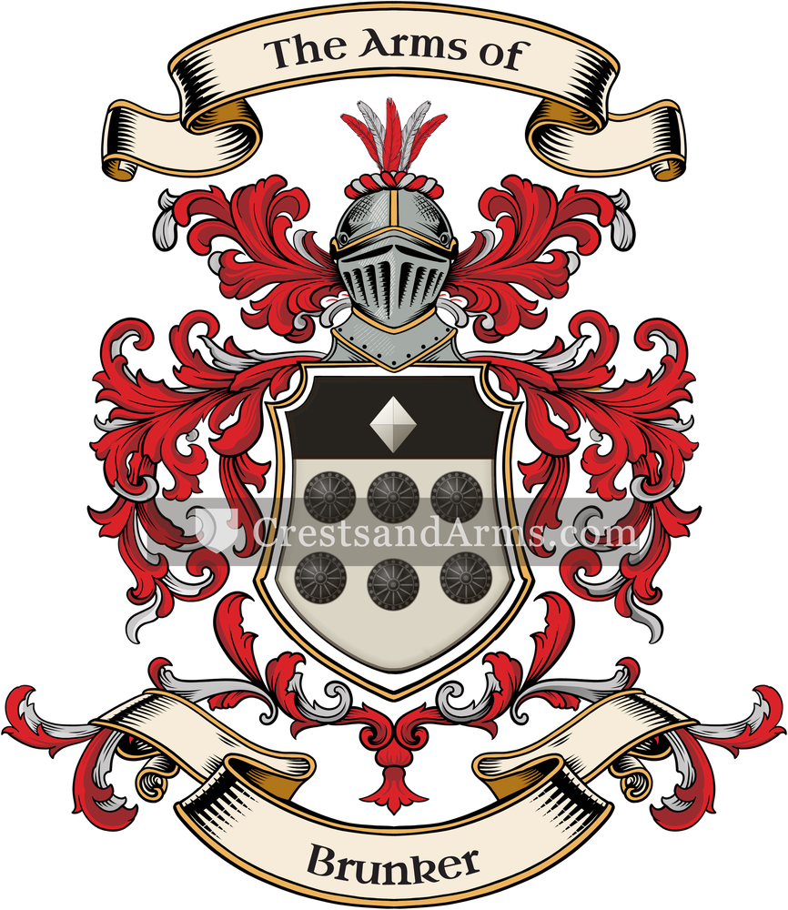 The Brunker coat of arms, drawn from the recorded blazon