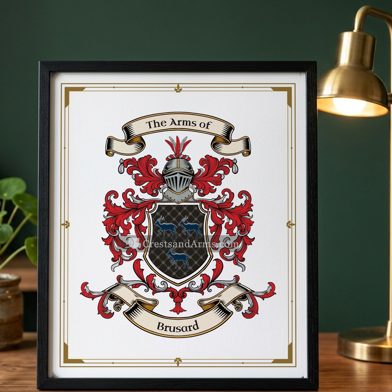 The Brusard arms on the framed, black wood