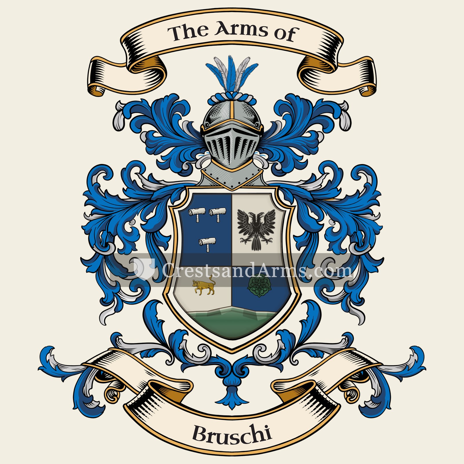 The Bruschi coat of arms, drawn from the recorded blazon