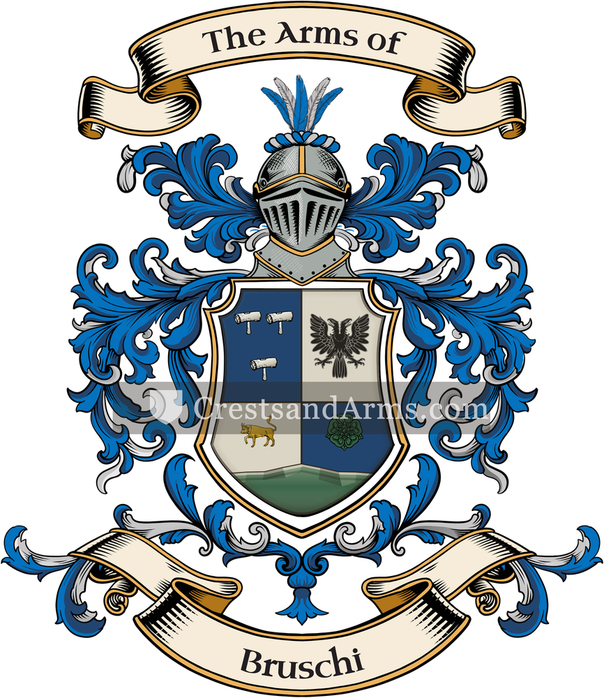 The Bruschi coat of arms, drawn from the recorded blazon
