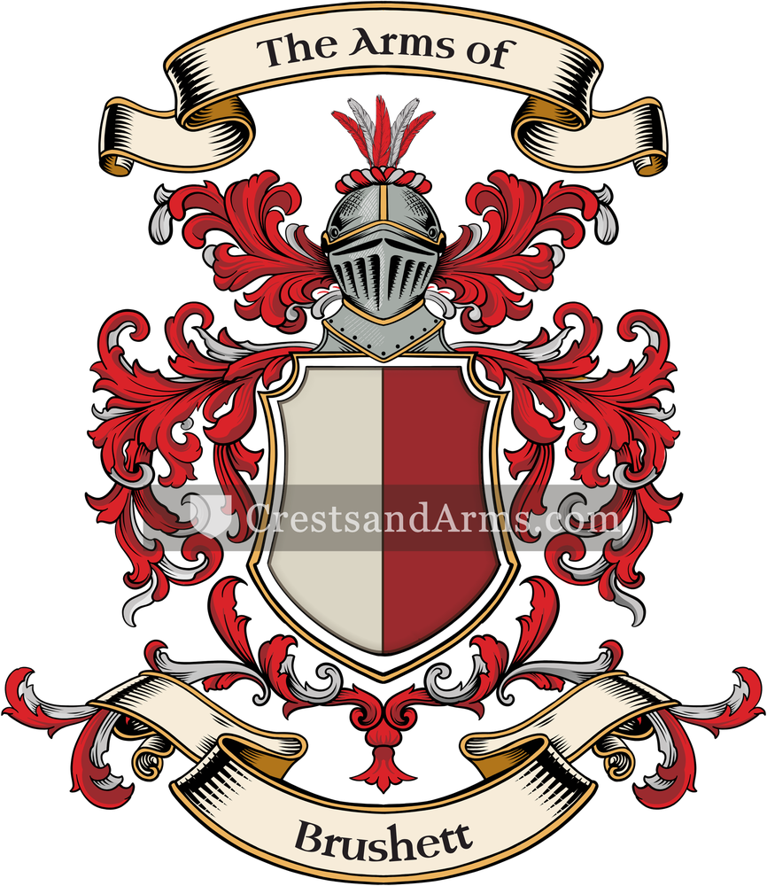 The Brushett coat of arms, drawn from the recorded blazon