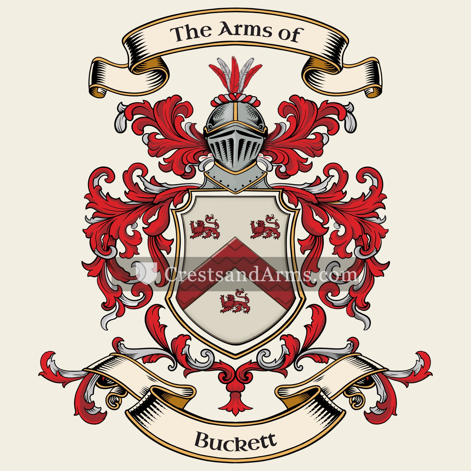 The Buckett coat of arms, drawn from the recorded blazon