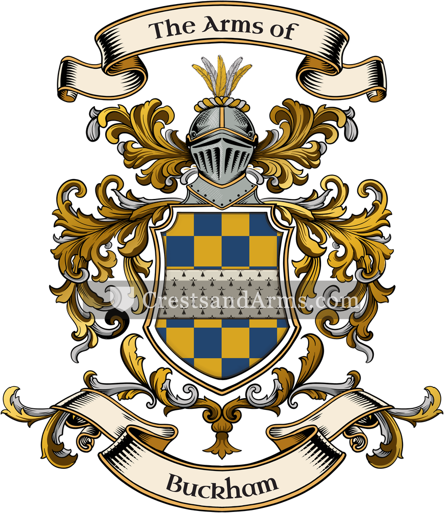 The Buckham coat of arms, drawn from the recorded blazon