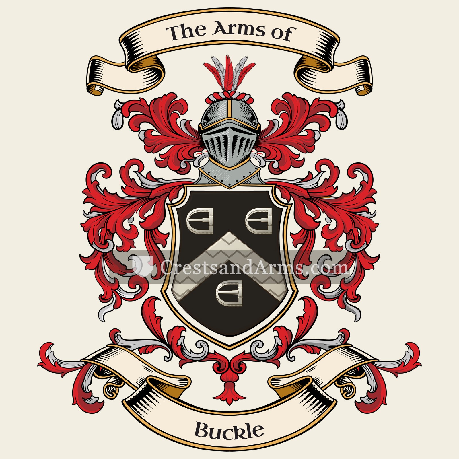The Buckle coat of arms, drawn from the recorded blazon