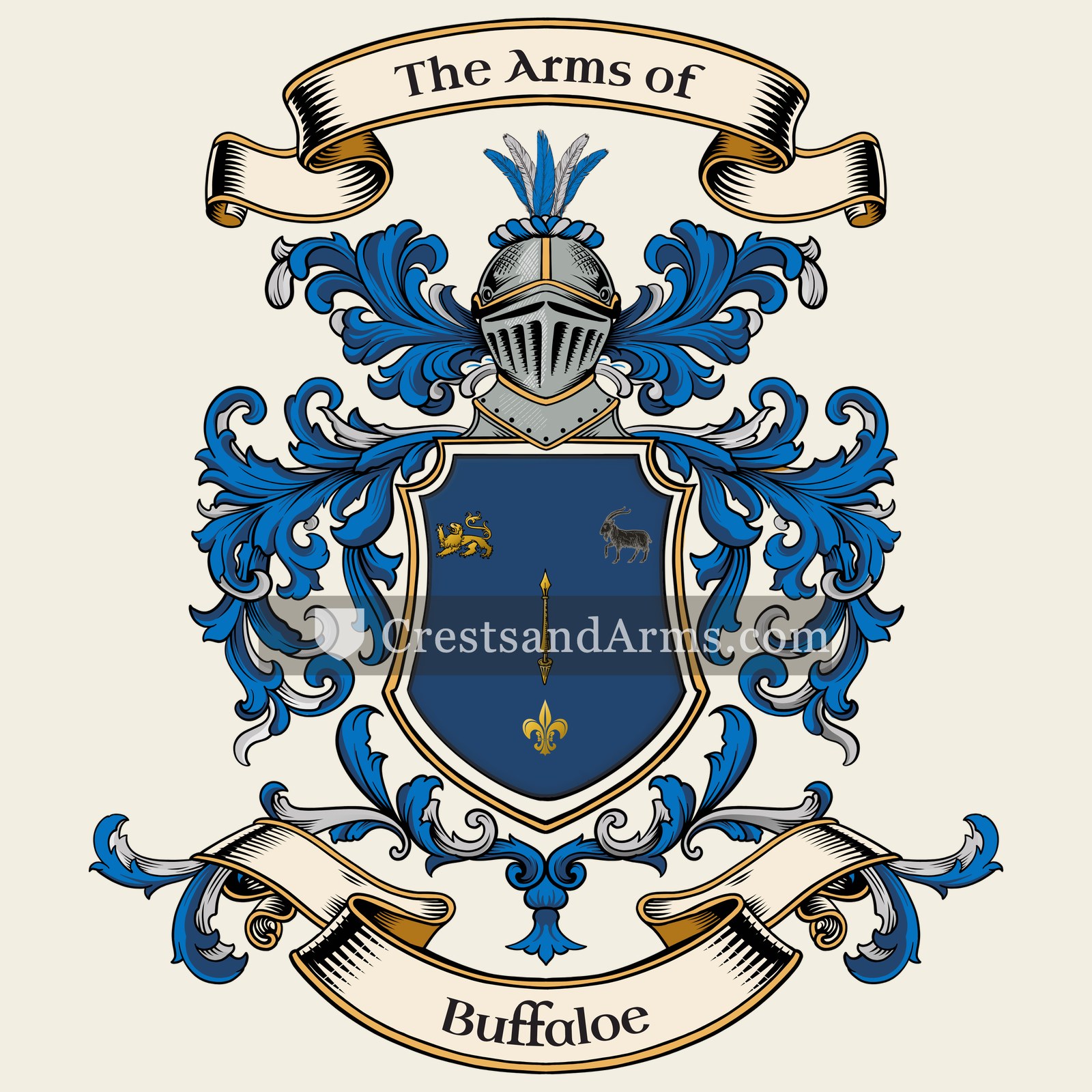 The Buffaloe coat of arms, drawn from the recorded blazon