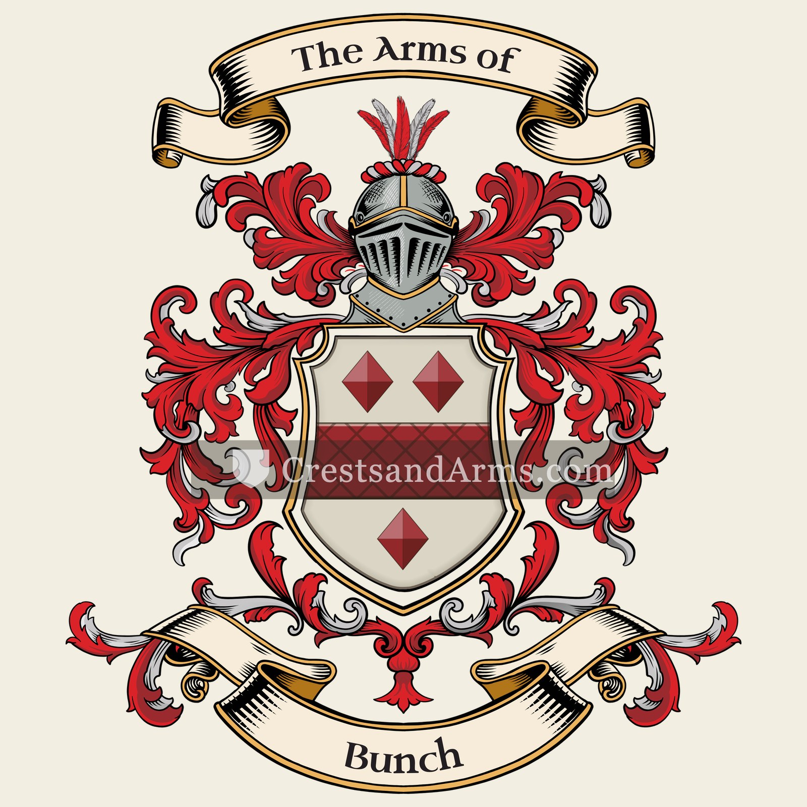 The Bunch coat of arms, drawn from the recorded blazon