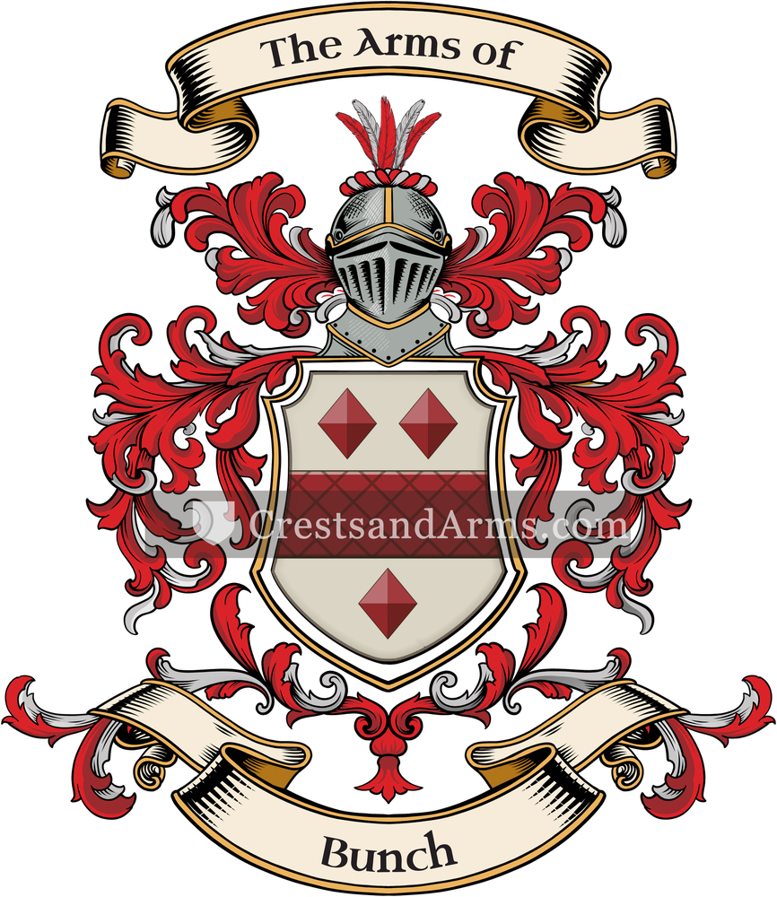 The Bunch coat of arms, drawn from the recorded blazon