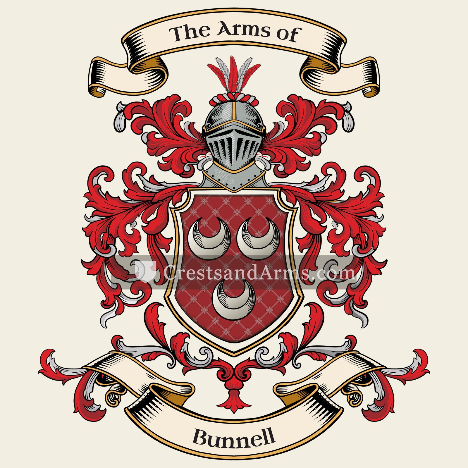 The Bunnell coat of arms, drawn from the recorded blazon