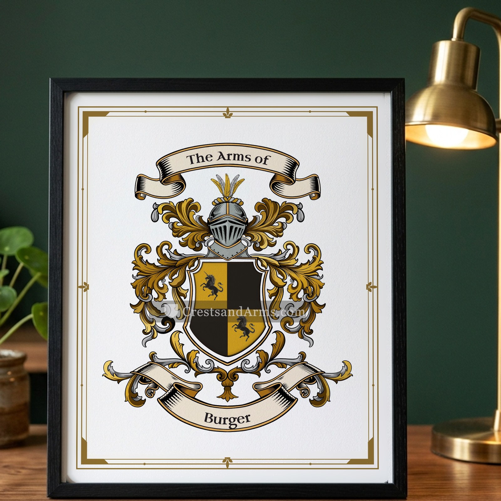 The Burger arms on the framed, black wood