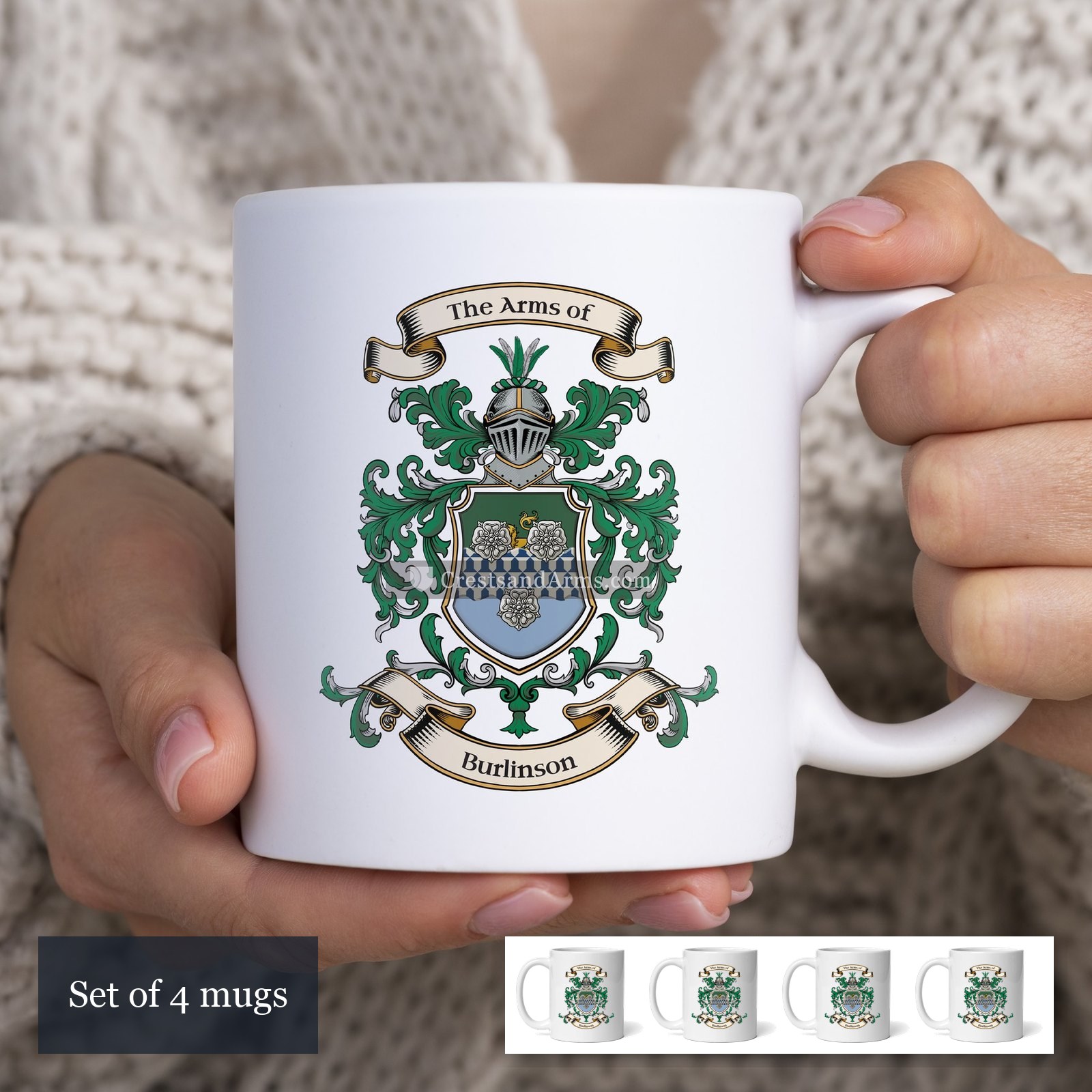 The Burlinson arms on the set of 4 mugs