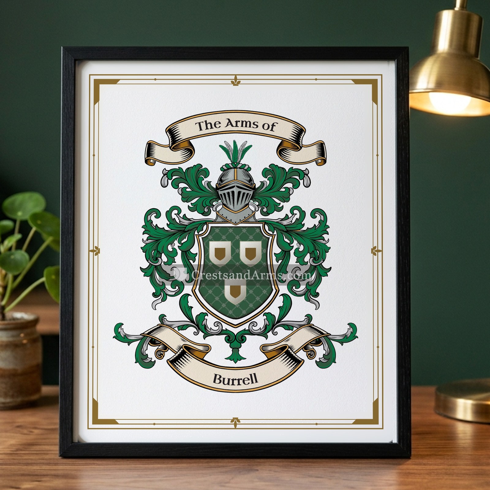 The Burrell arms on the framed, black wood