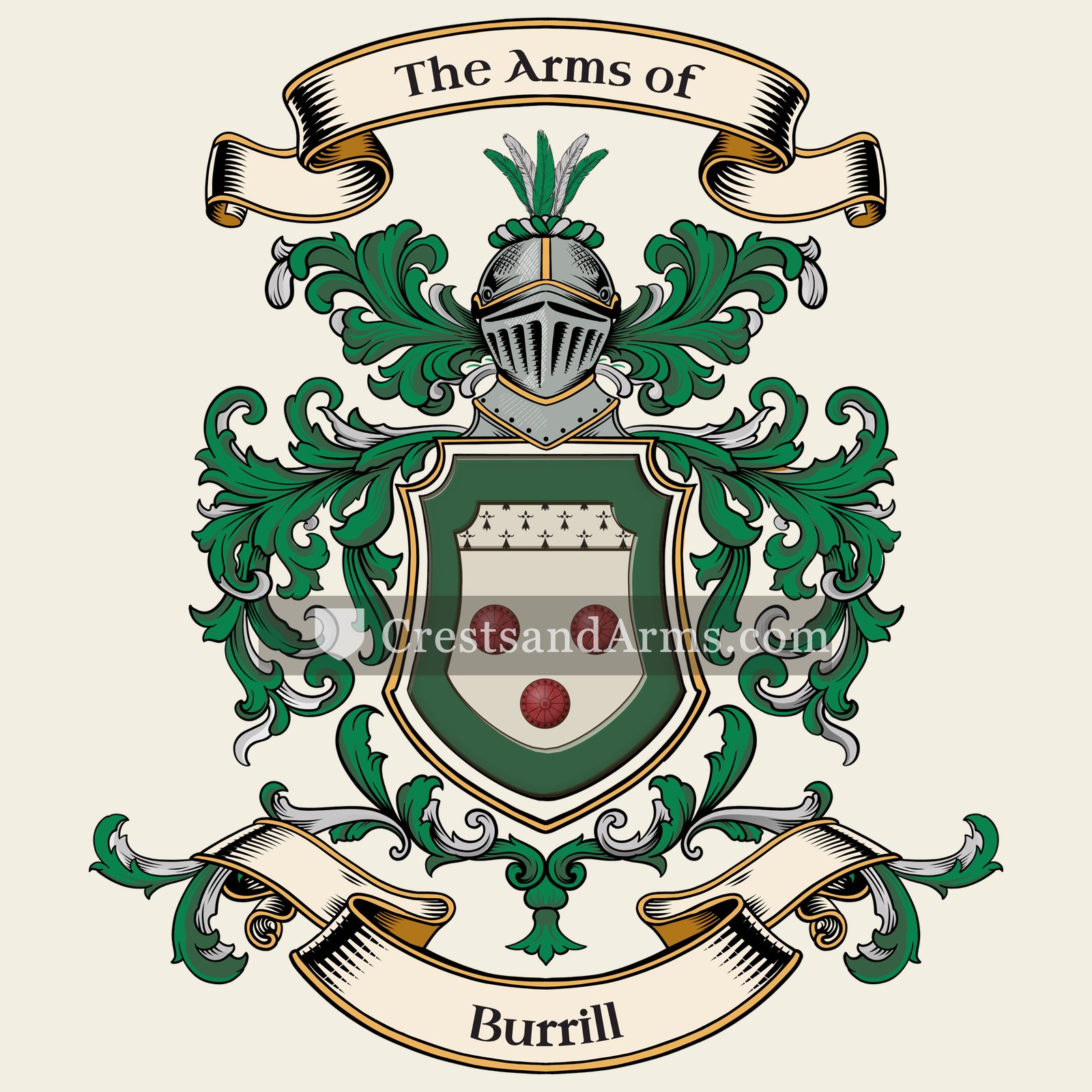 The Burrill coat of arms, drawn from the recorded blazon