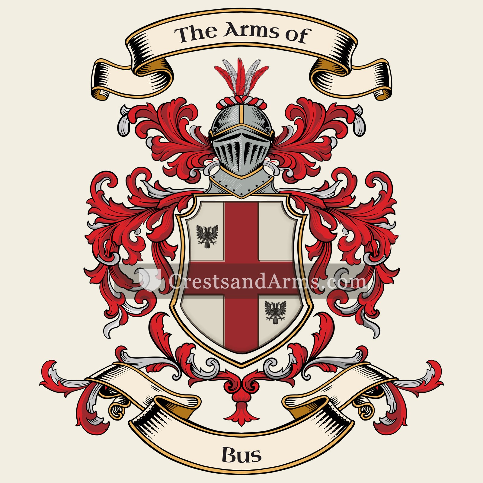 The Bus coat of arms, drawn from the recorded blazon