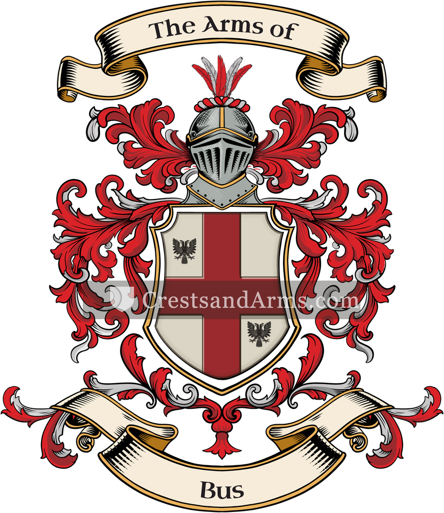 The Bus coat of arms, drawn from the recorded blazon