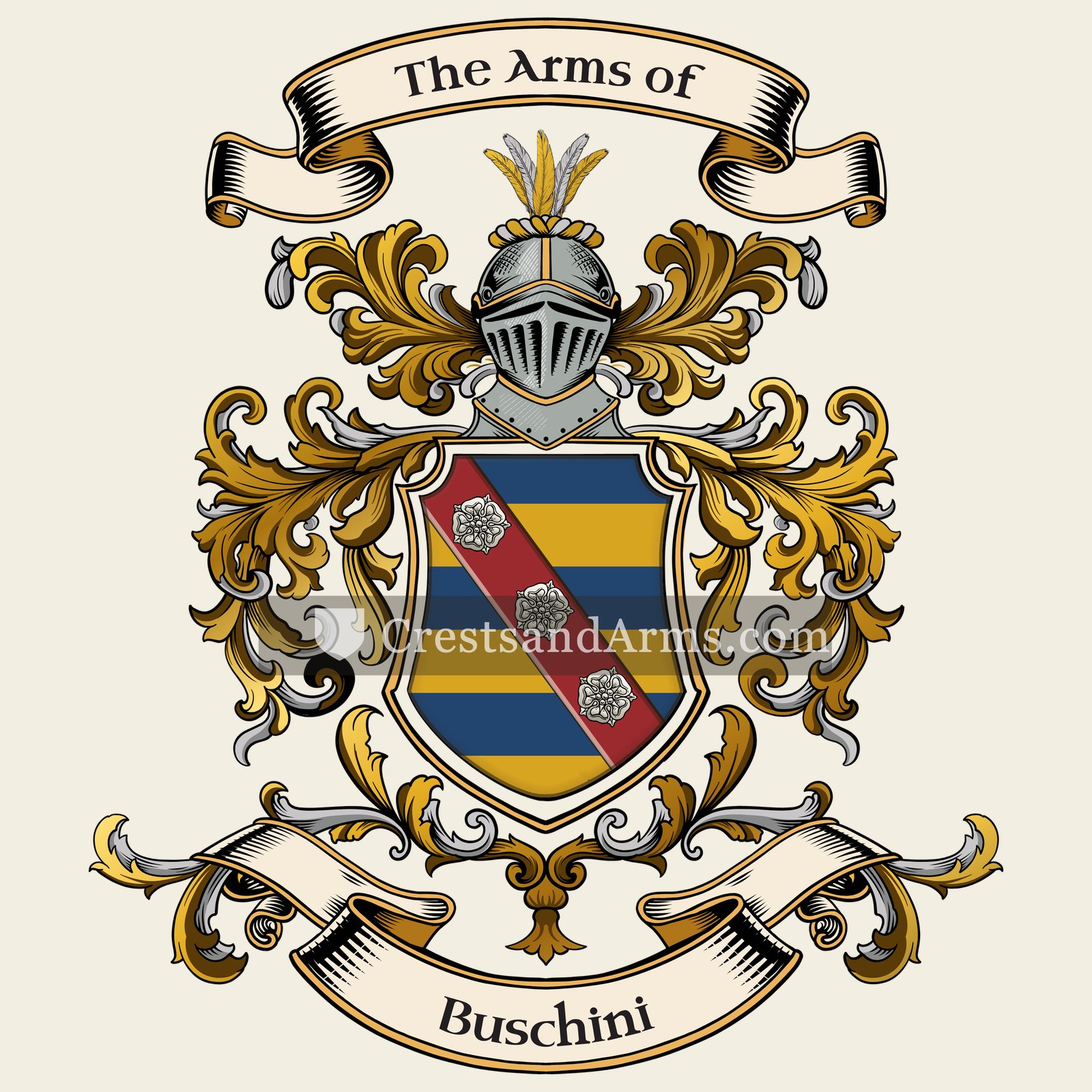 The Buschini coat of arms, drawn from the recorded blazon