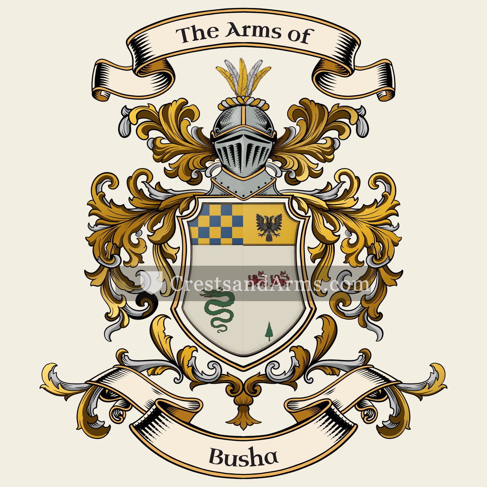 The Busha coat of arms, drawn from the recorded blazon