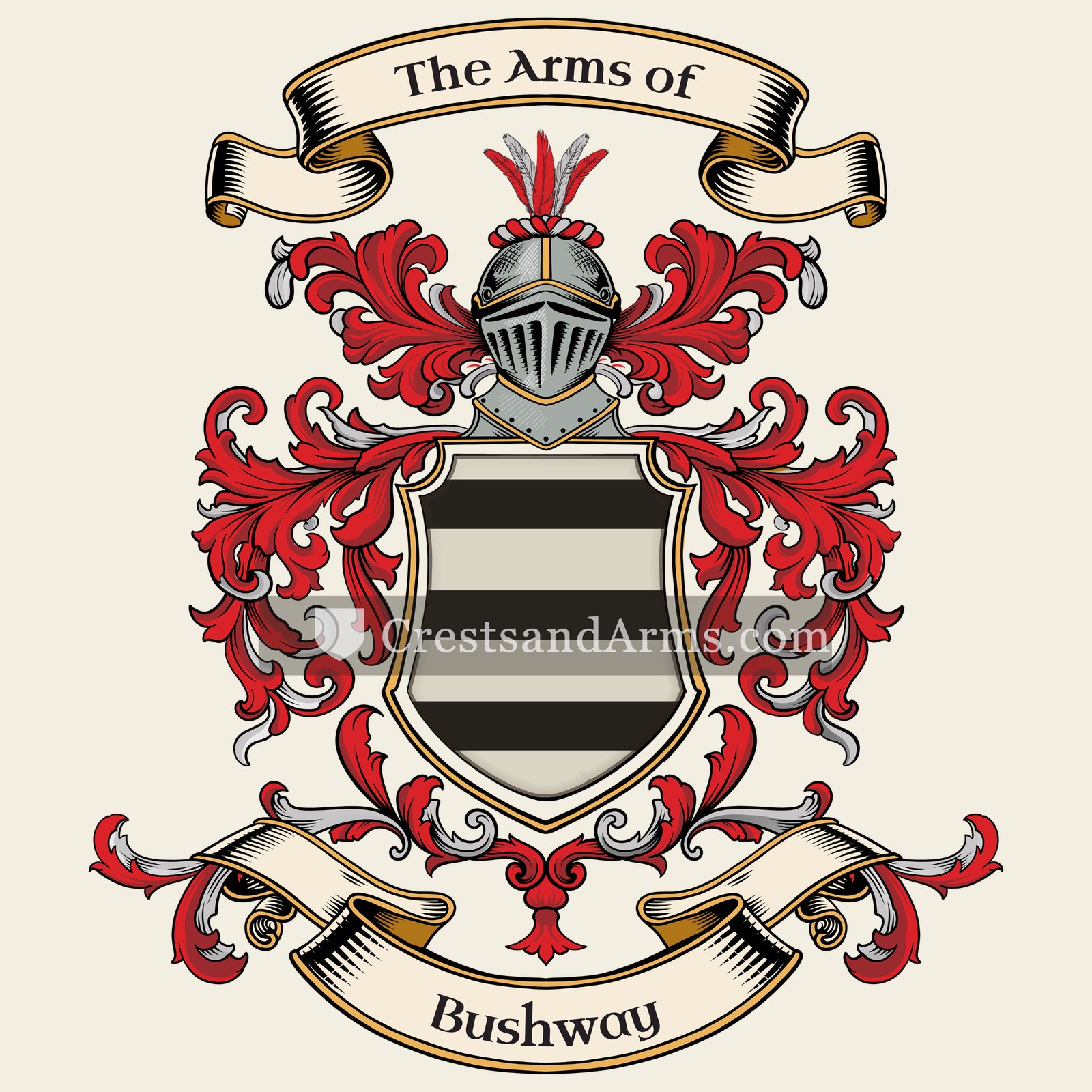 The Bushway coat of arms, drawn from the recorded blazon