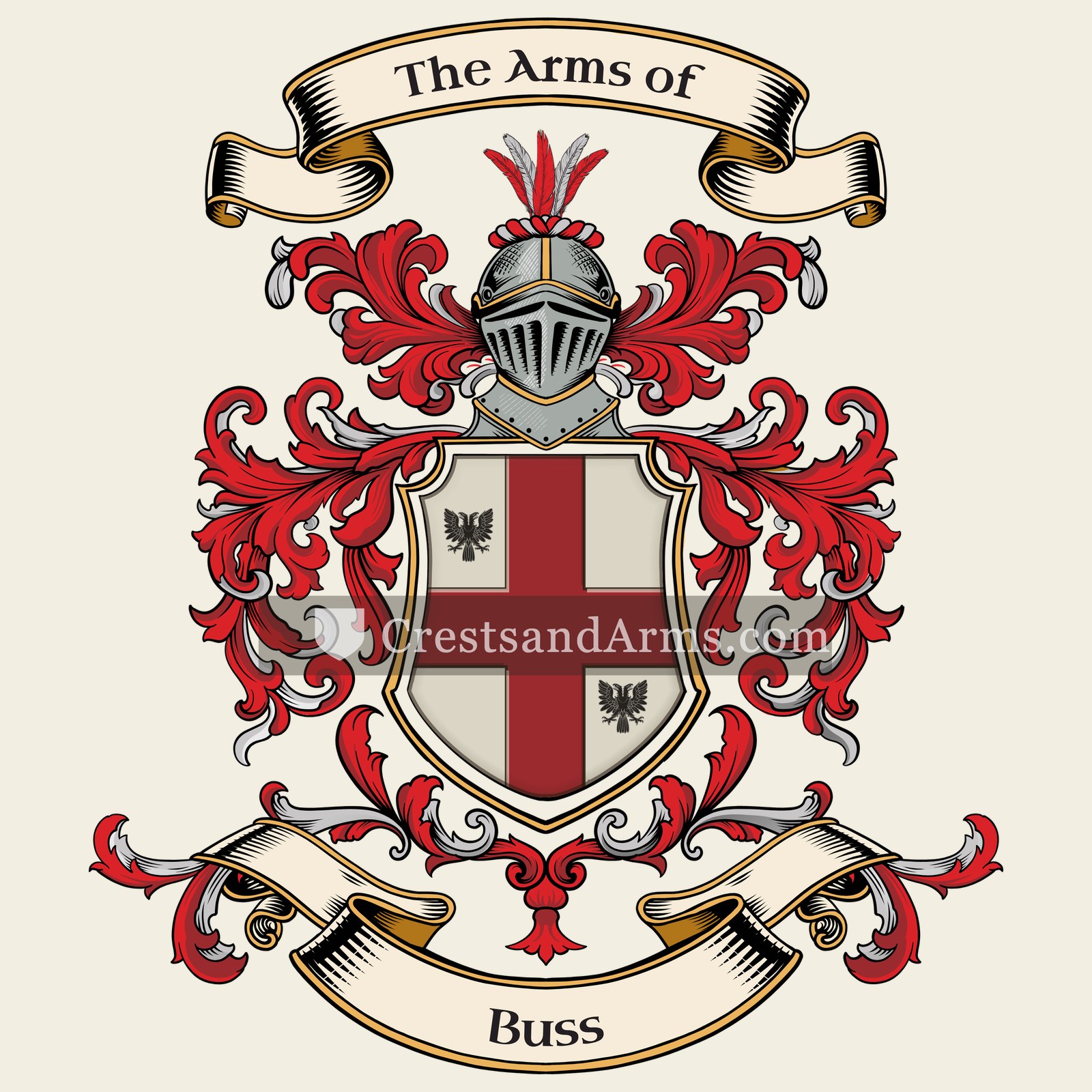 The Buss coat of arms, drawn from the recorded blazon