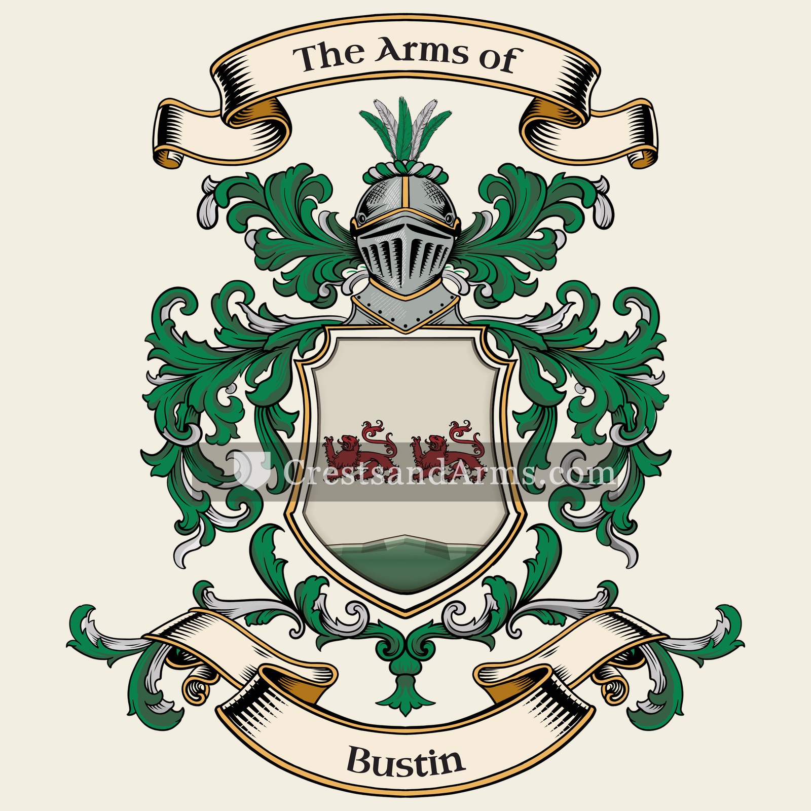 The Bustin coat of arms, drawn from the recorded blazon