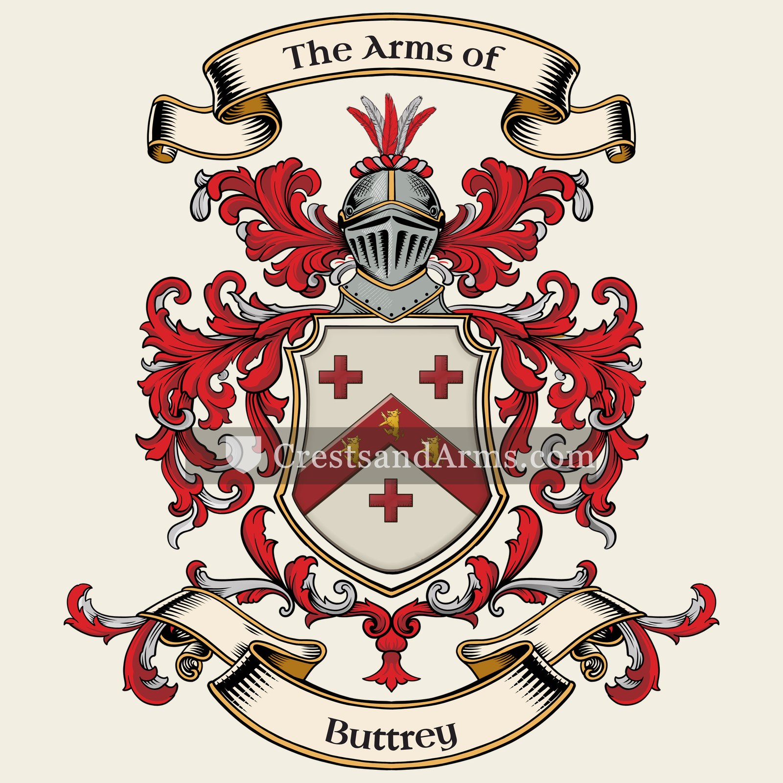 The Buttrey coat of arms, drawn from the recorded blazon