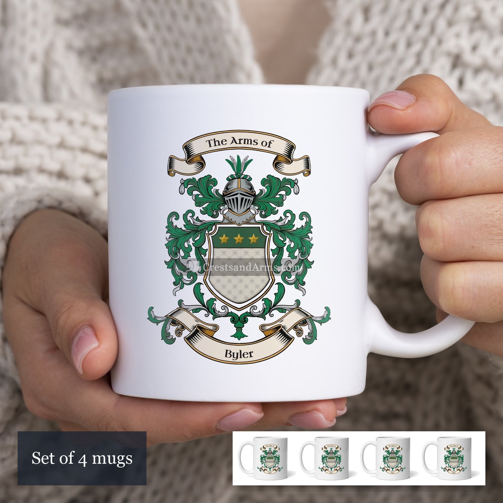 The Byler arms on the set of 4 mugs