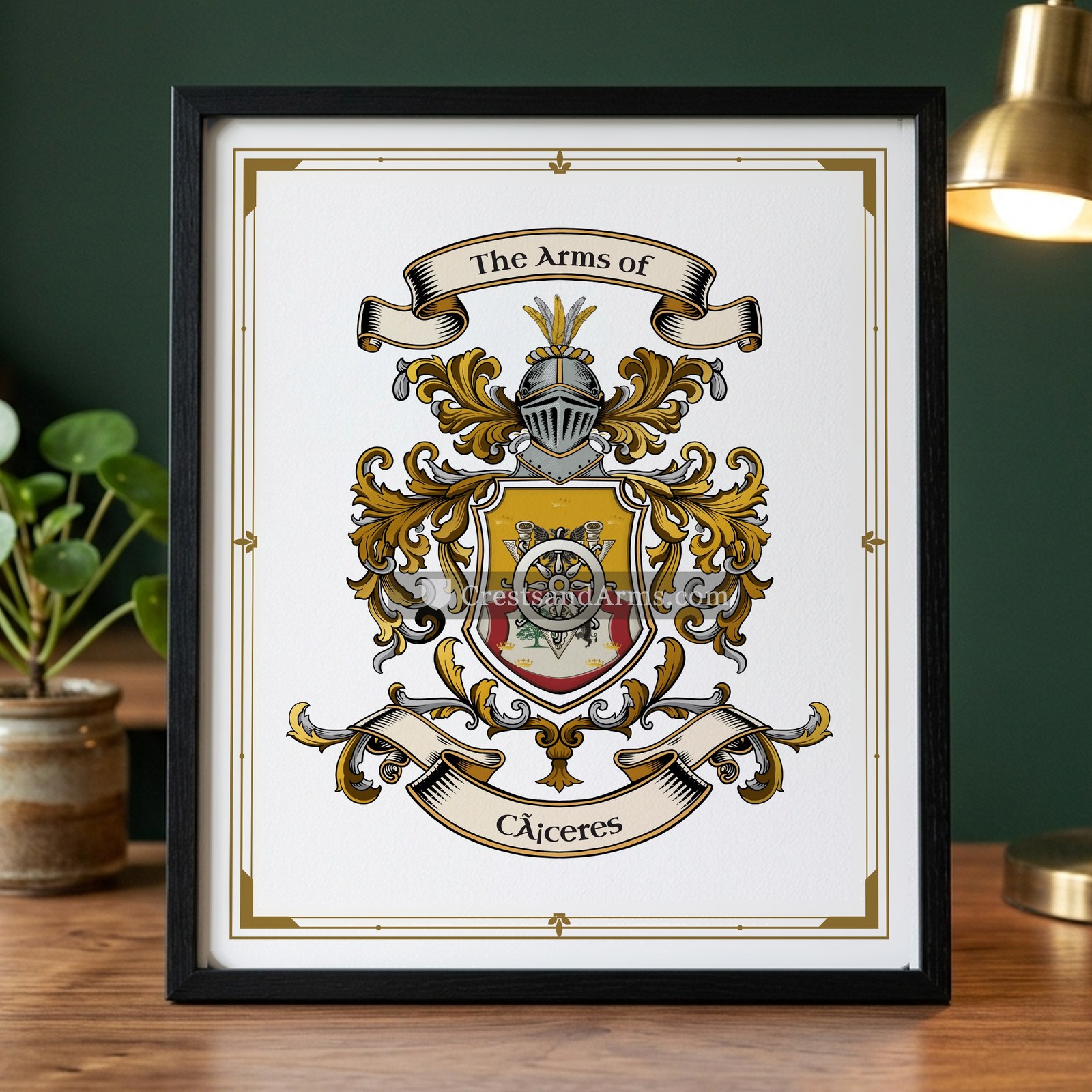 The Cáceres arms on the framed, black wood