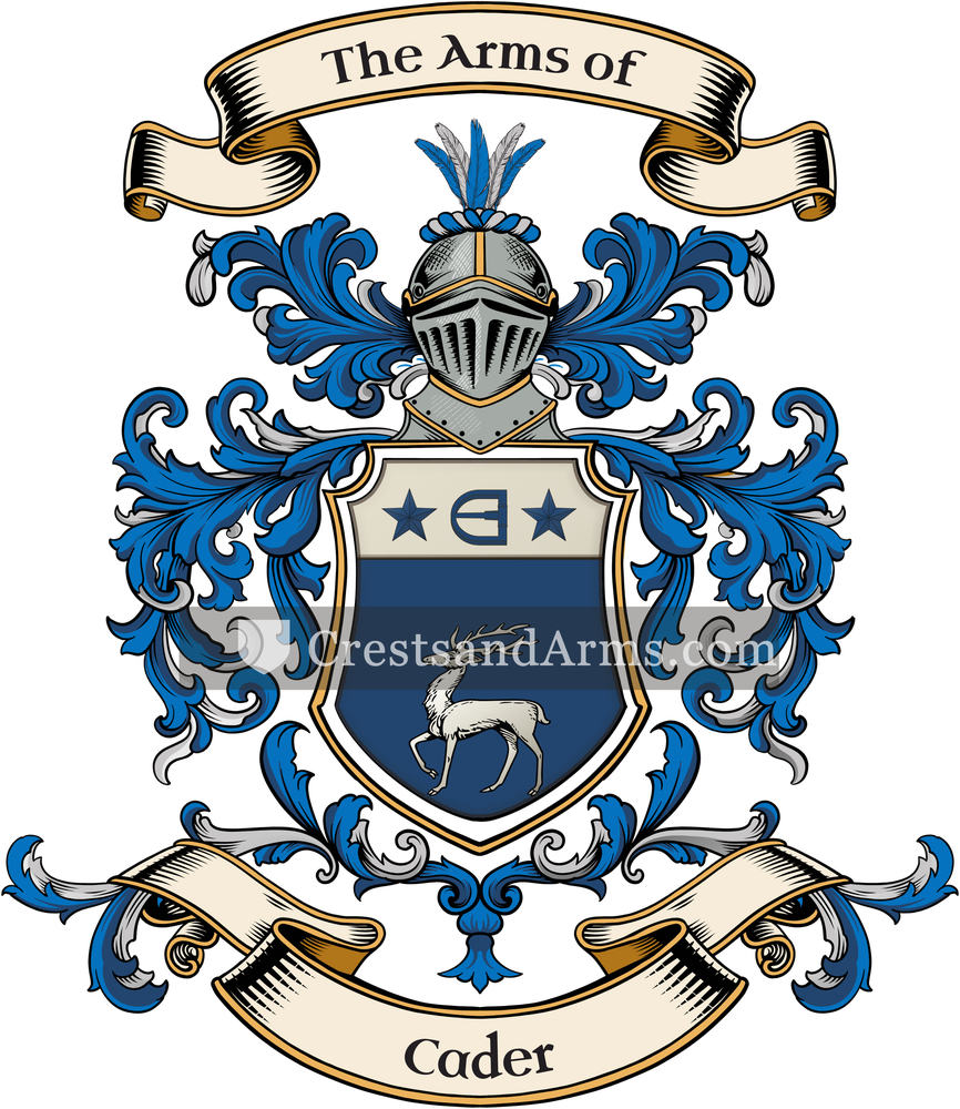The Cader coat of arms, drawn from the recorded blazon
