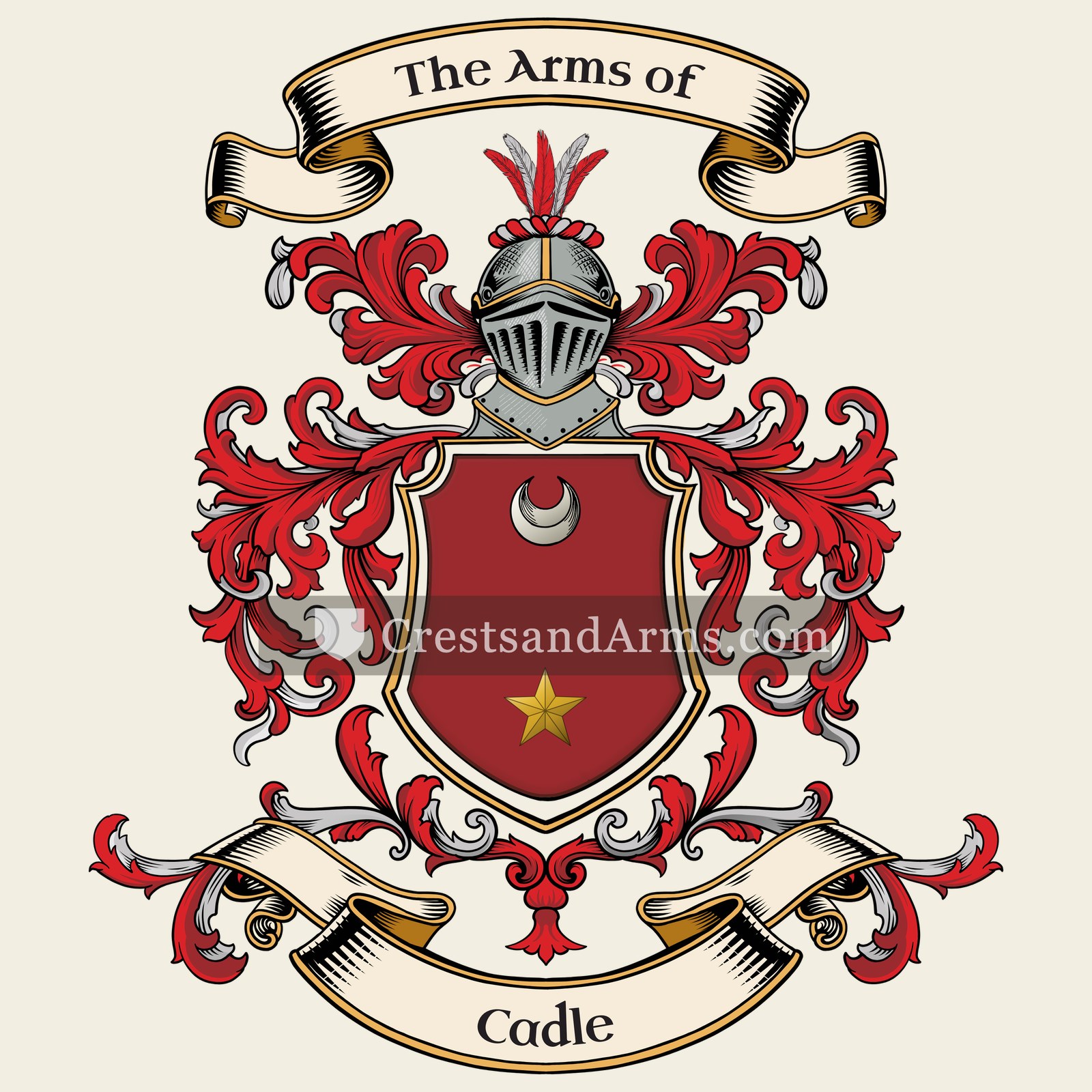 The Cadle coat of arms, drawn from the recorded blazon