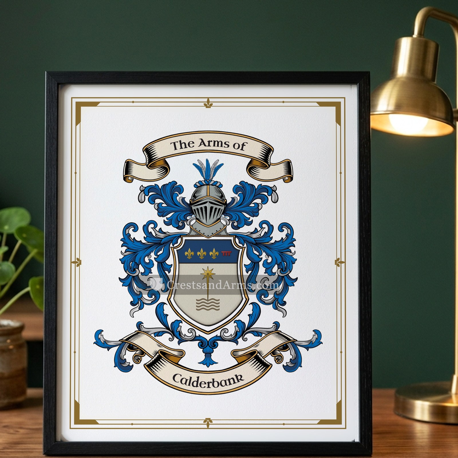 The Calderbank arms on the framed, black wood