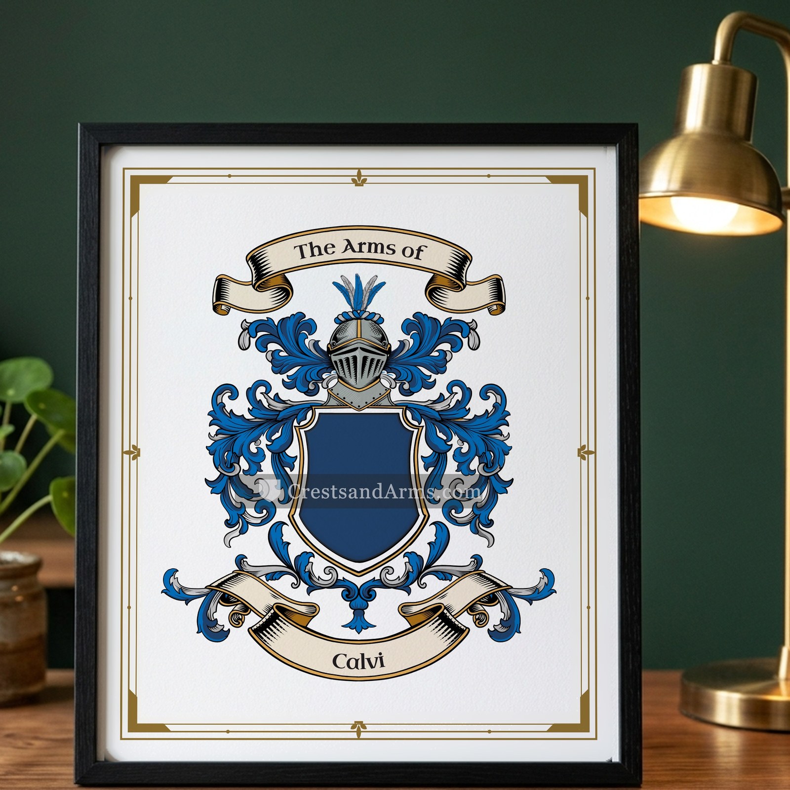 The Calvi arms on the framed, black wood