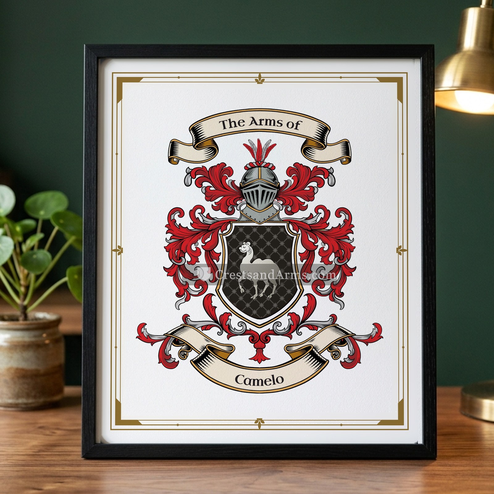 The Camelo arms on the framed, black wood