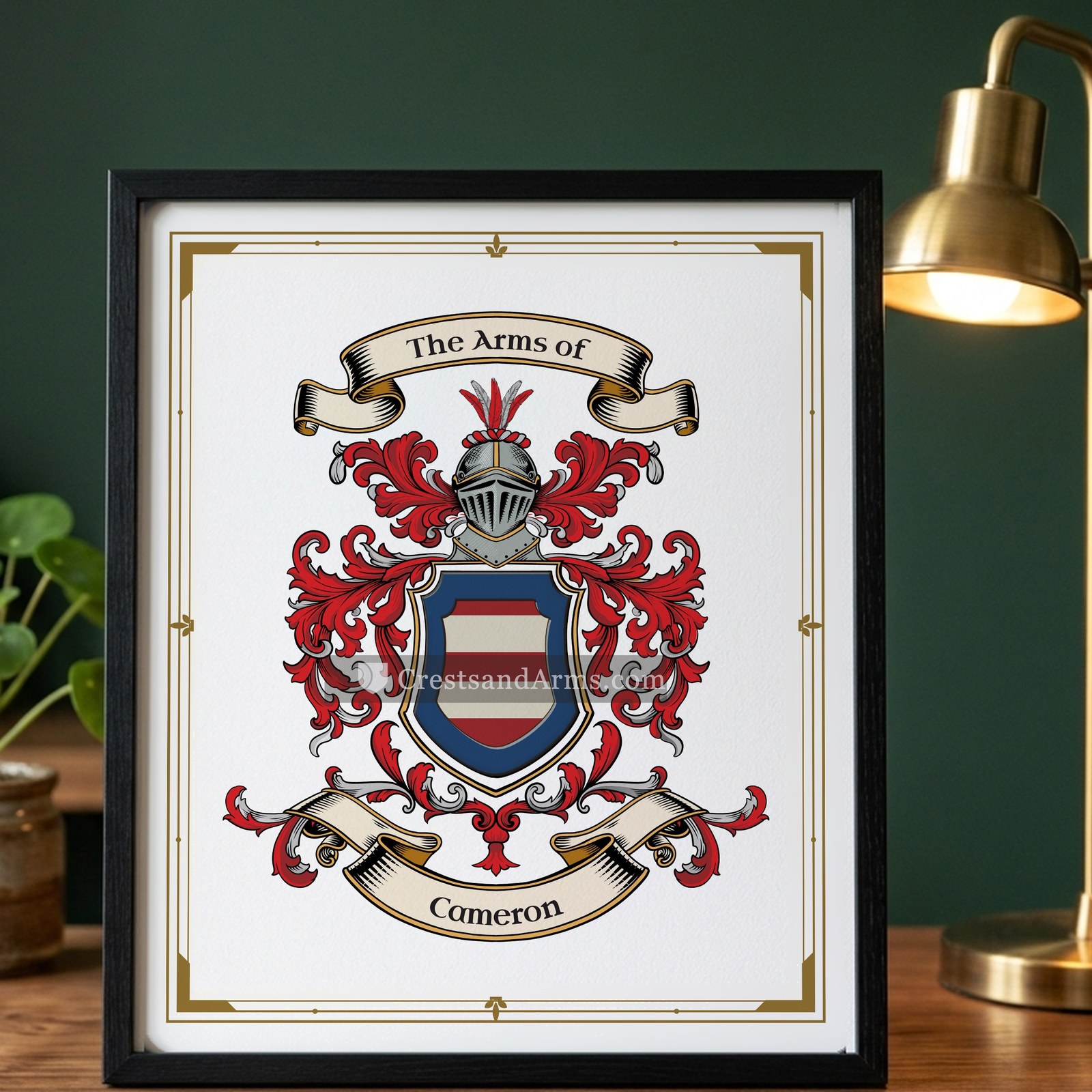 The Cameron arms on the framed, black wood
