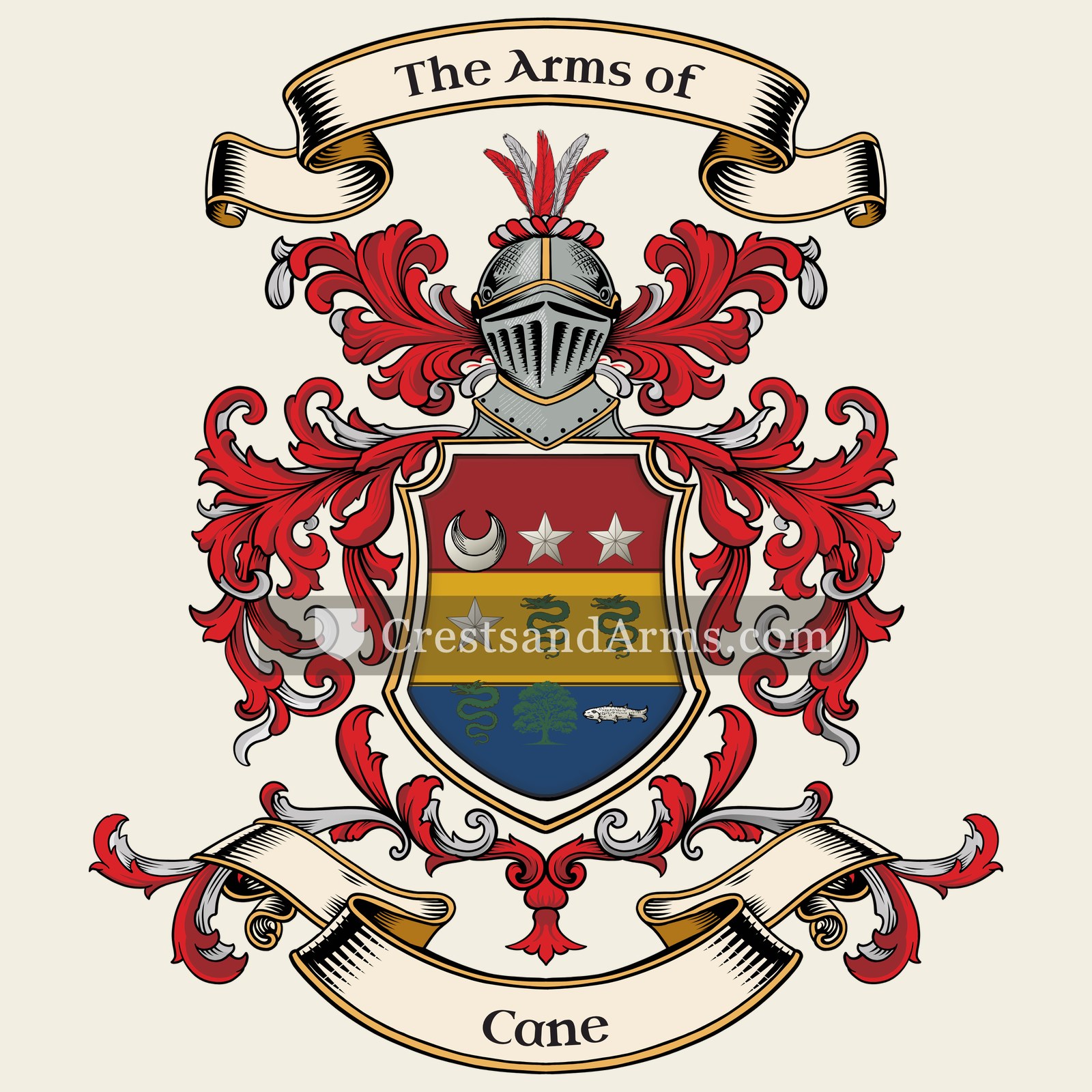 The Cane coat of arms, drawn from the recorded blazon