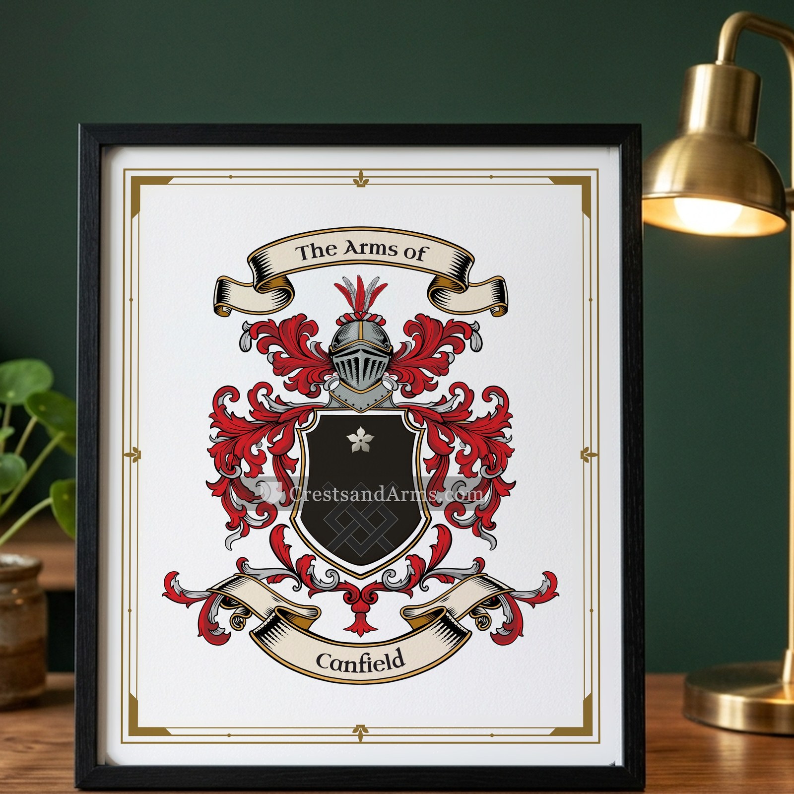 The Canfield arms on the framed, black wood