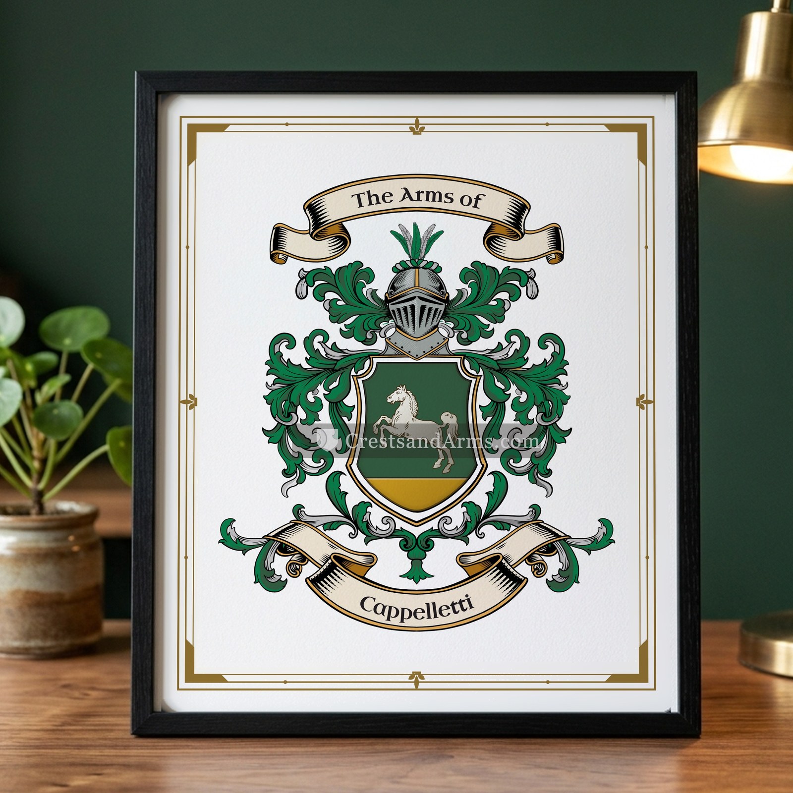 The Cappelletti arms on the framed, black wood