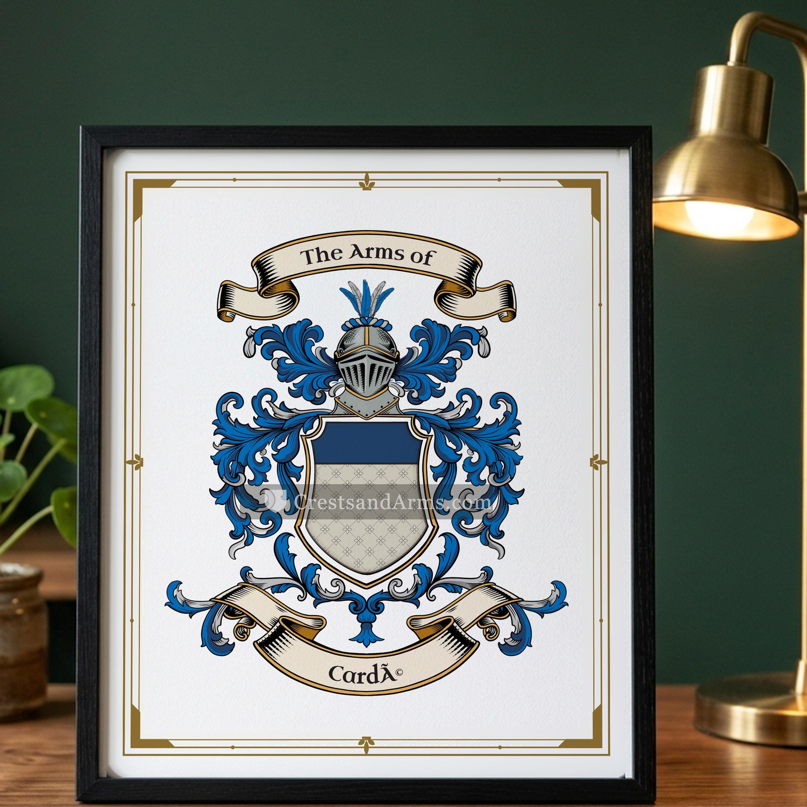 The Cardé arms on the framed, black wood