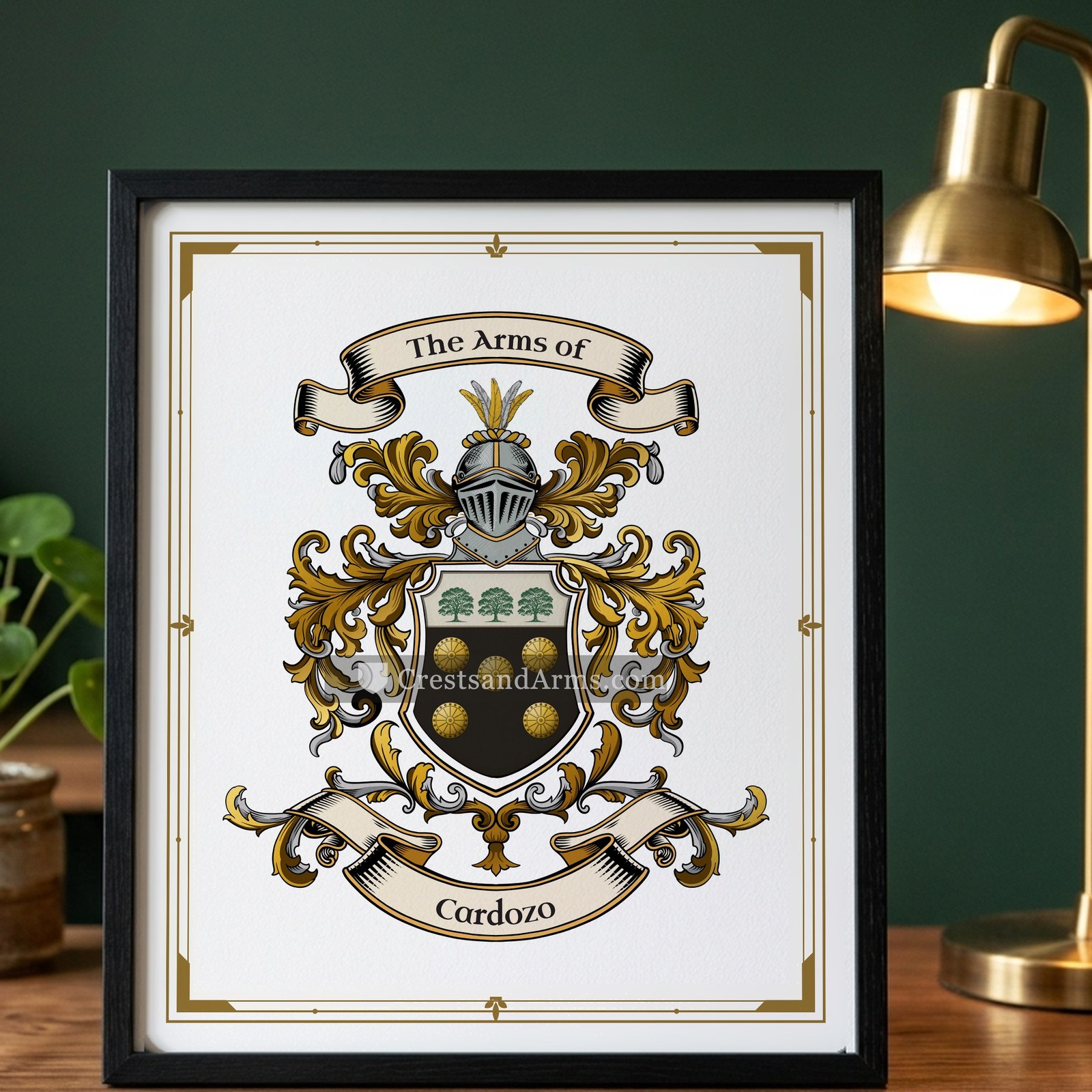 The Cardozo arms on the framed, black wood