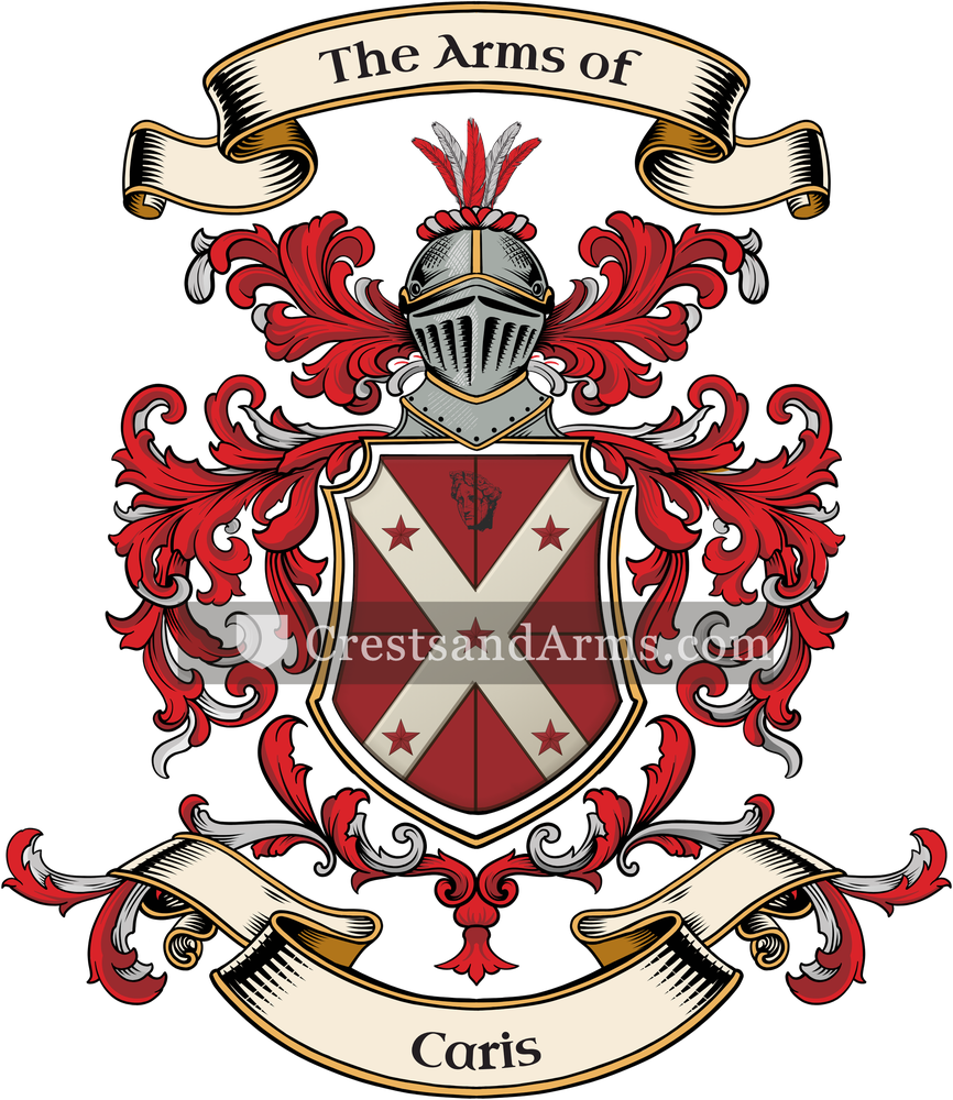 The Caris coat of arms, drawn from the recorded blazon