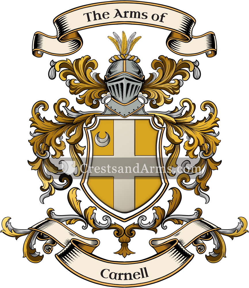 The Carnell coat of arms, drawn from the recorded blazon