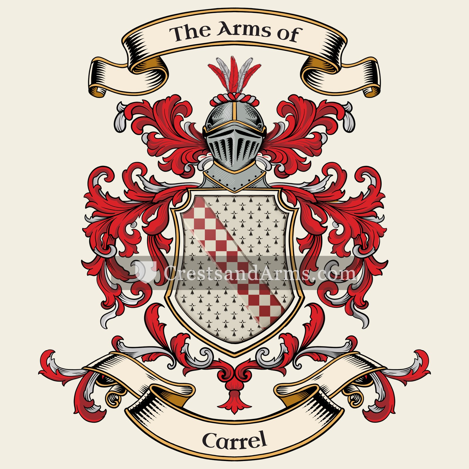 The Carrel coat of arms, drawn from the recorded blazon