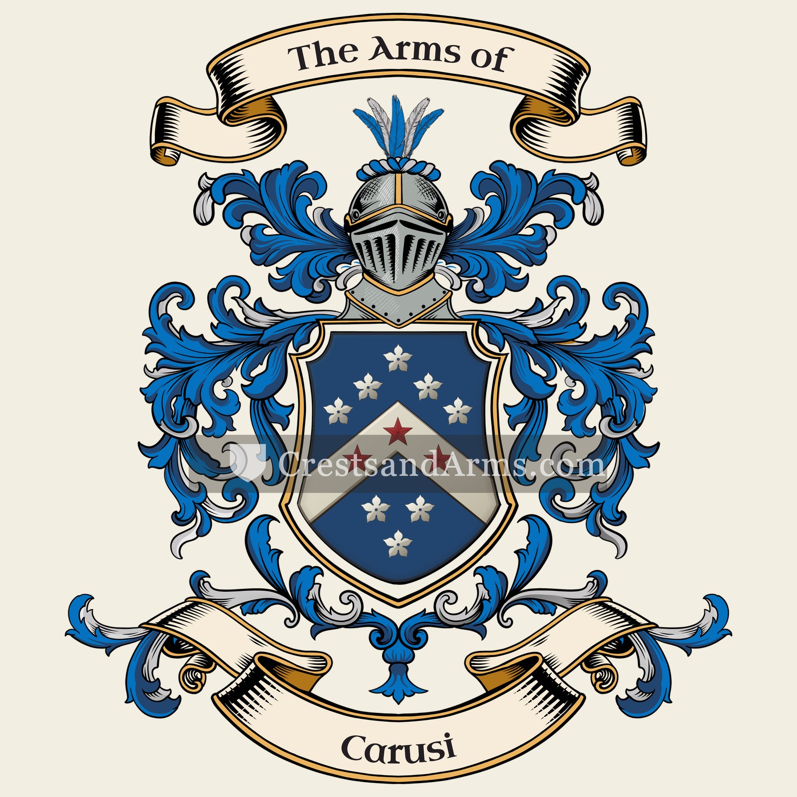 The Carusi coat of arms, drawn from the recorded blazon