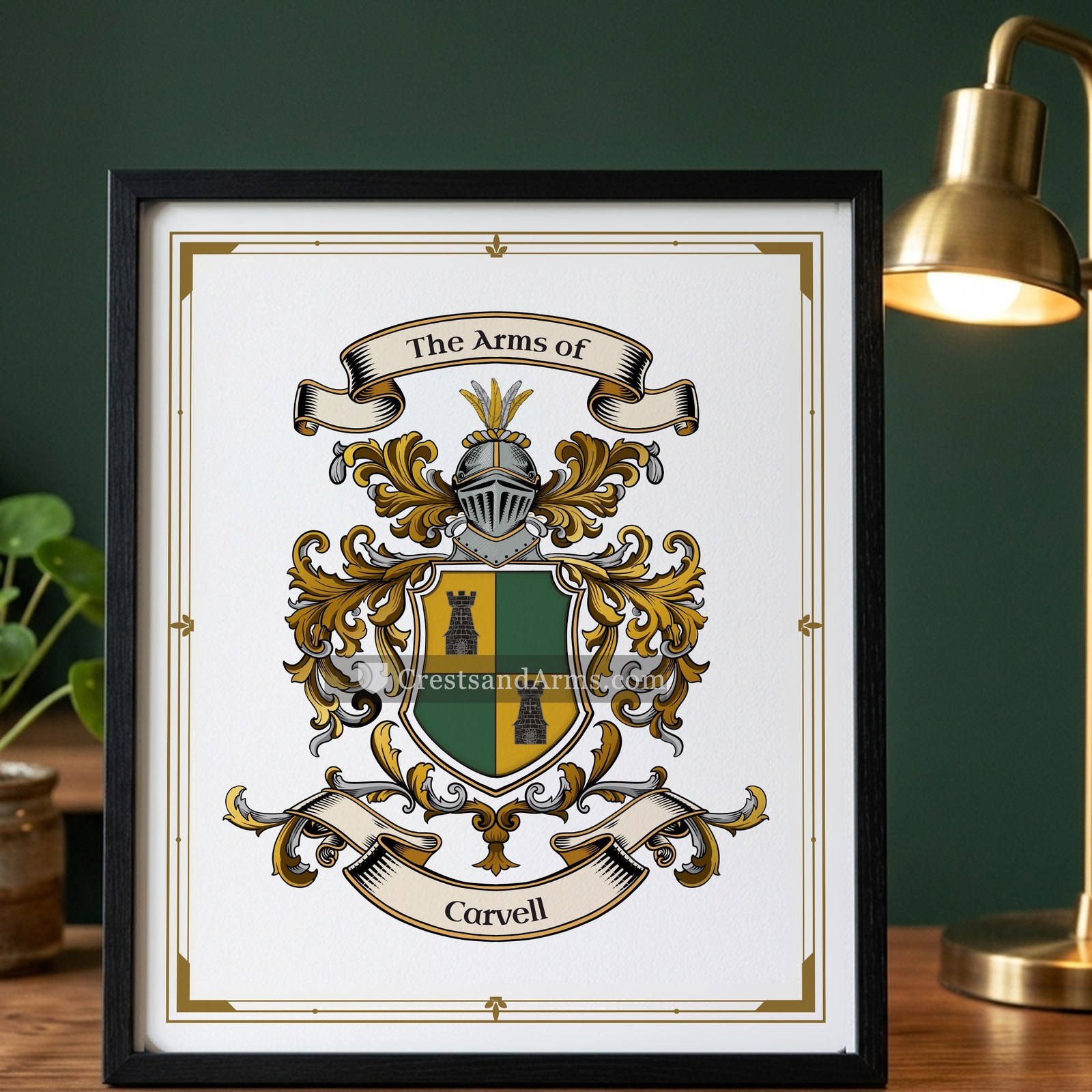The Carvell arms on the framed, black wood