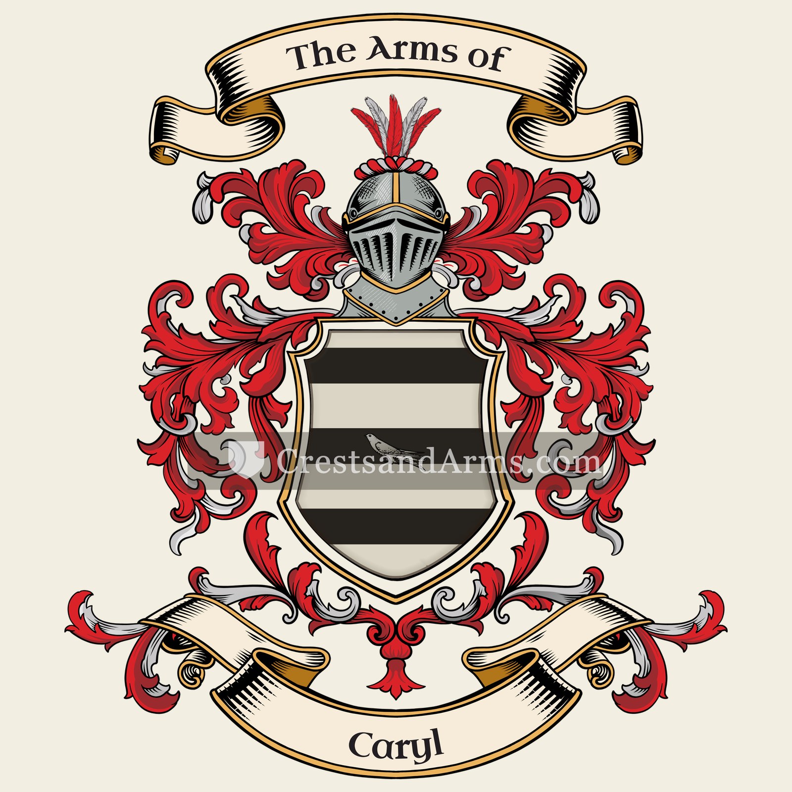 The Caryl coat of arms, drawn from the recorded blazon