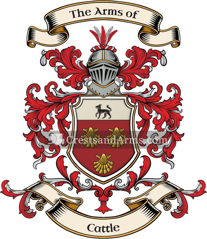 The Cattle coat of arms, drawn from the recorded blazon